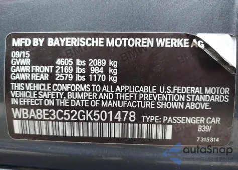 2016 BMW 328I xDrive из США, поврежденный, VIN WBA8E3C52GK501478